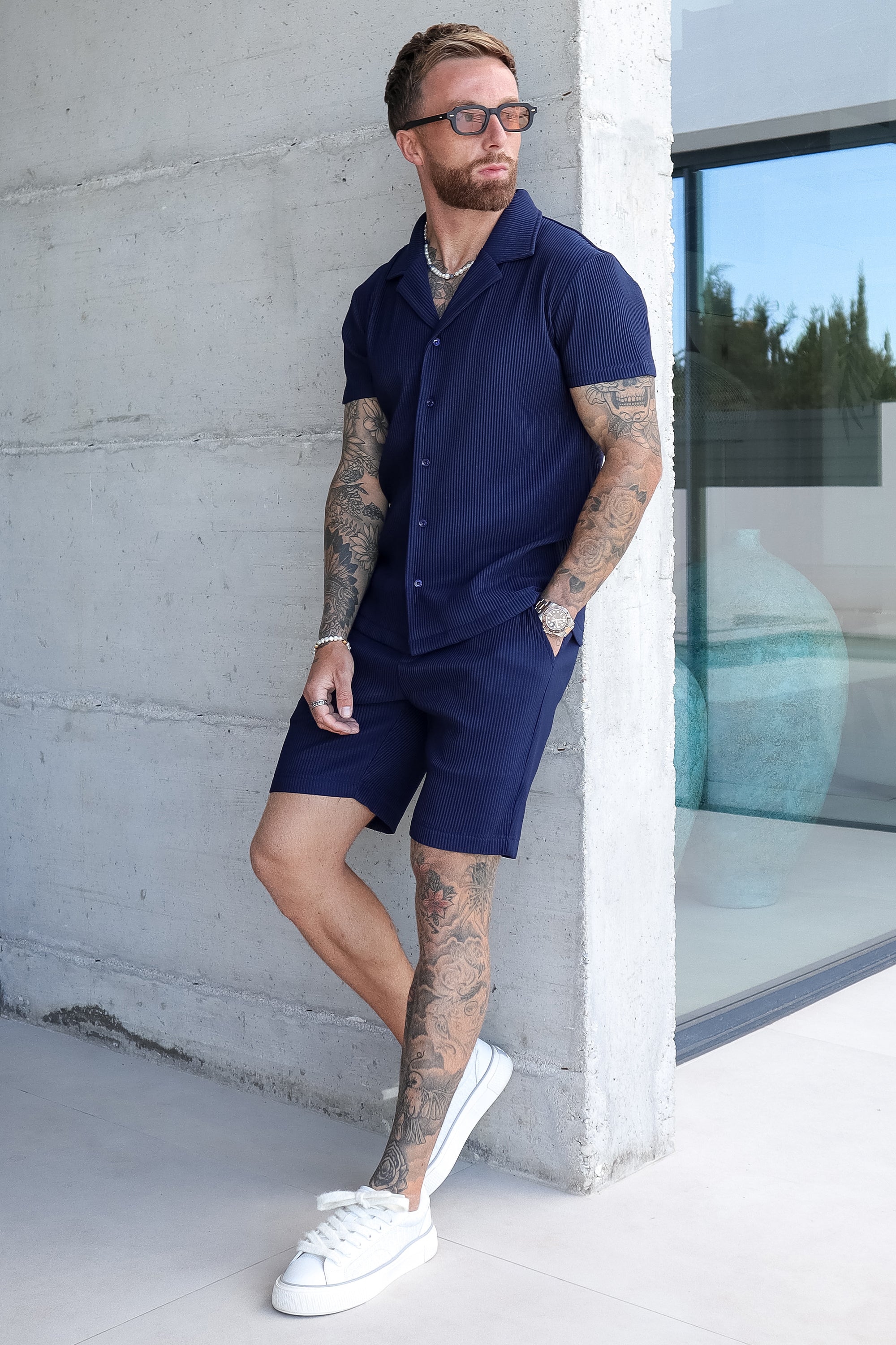 THE ICON.X ROSS CAMPBELL PLEATED SHORT SLEEVE SHIRT - NAVY BLUE